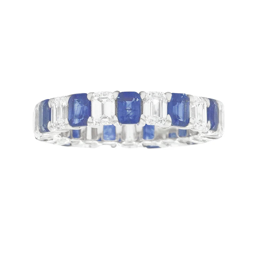 14K White Gold Emerald Cut Diamond & Sapphire Eternity Ring Front