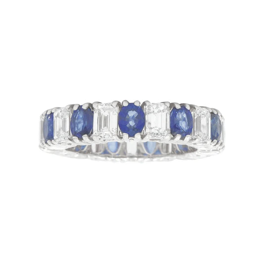 Emerald Cut Diamond & Oval Cut Sapphire Eternity Ring Front