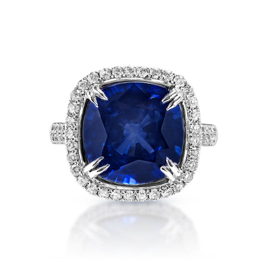 9 Carat Cushion Cut Blue J'adore Sapphire Ring Front