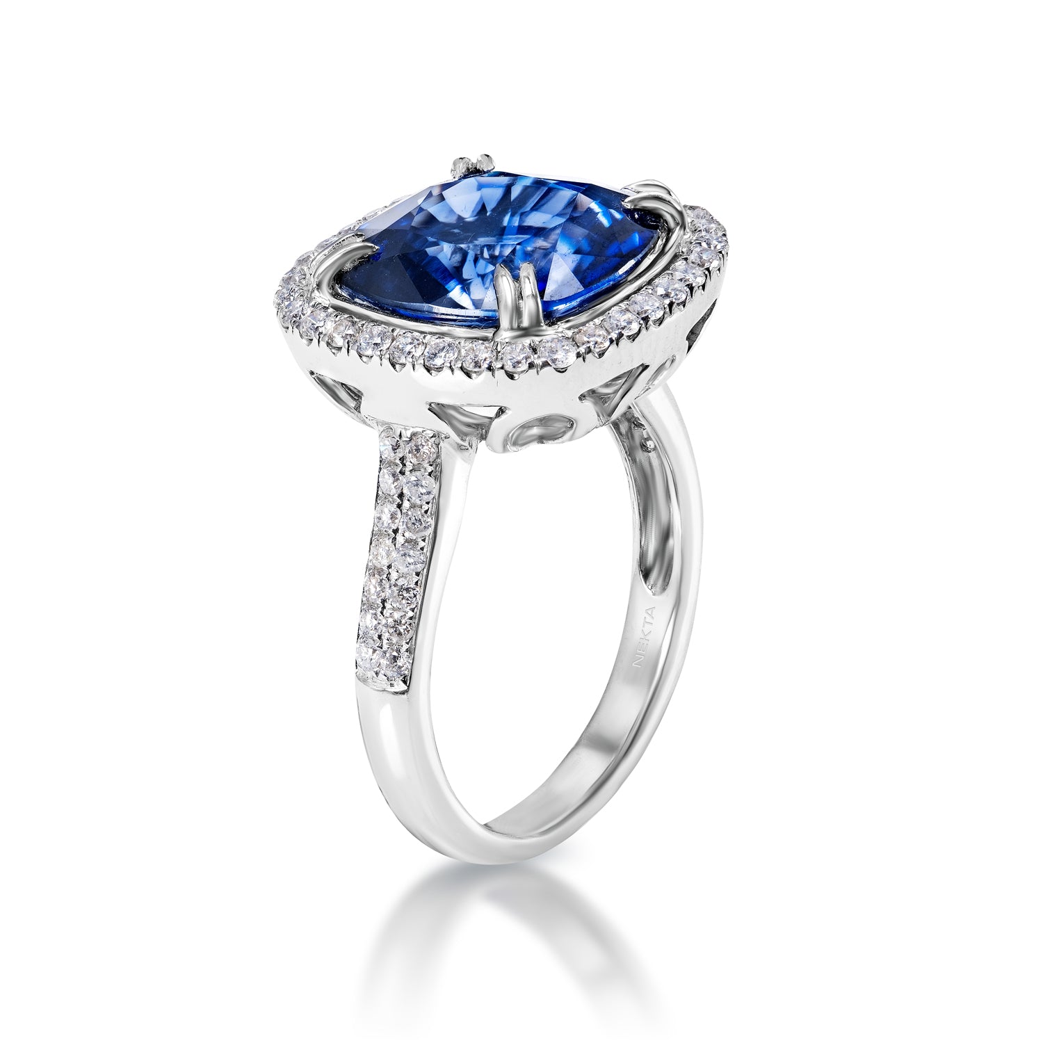 9 Carat Cushion Cut Blue J'adore Sapphire Ring Side