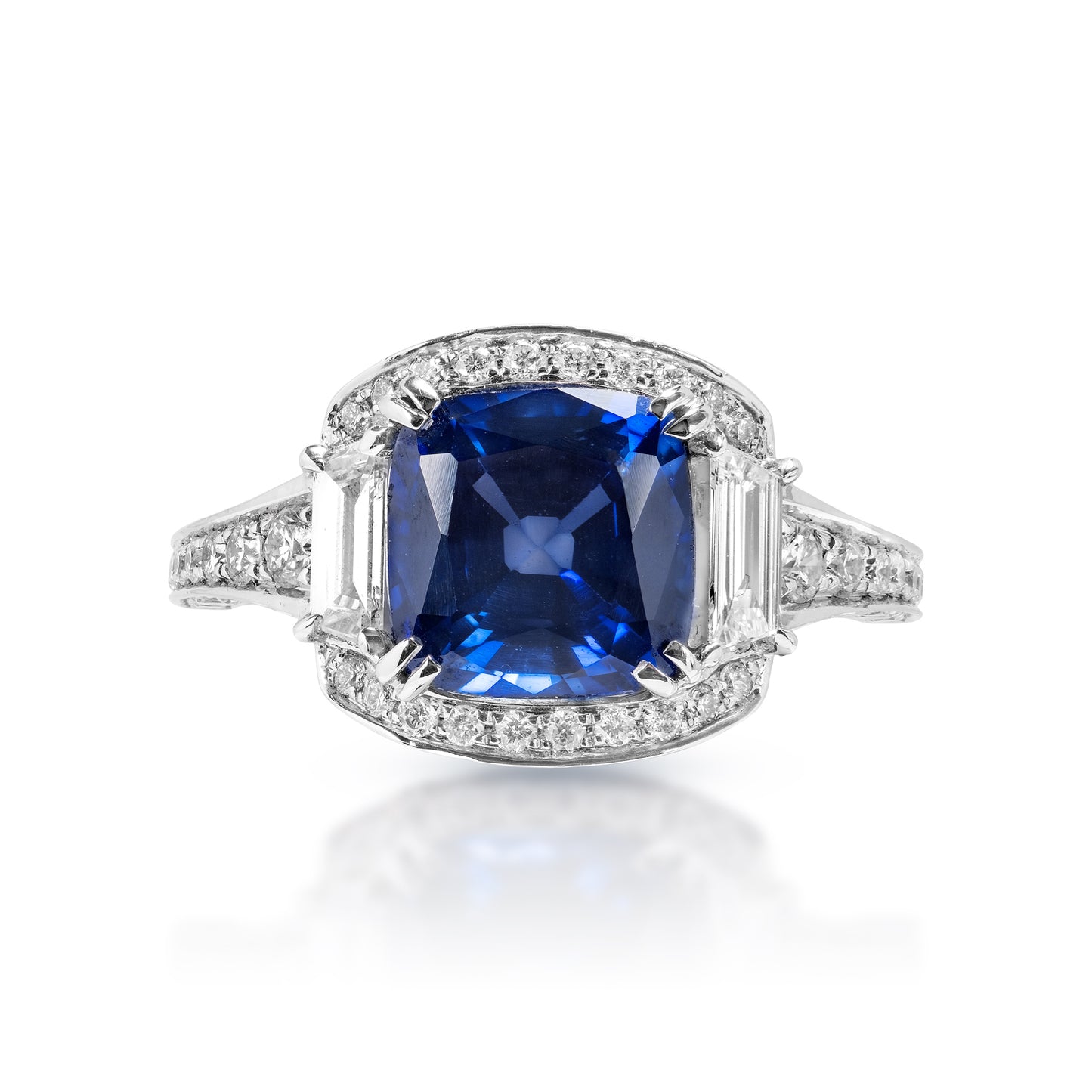 4 Carat Vintage Inspired with Step Cut Blue Sapphire Ring Front