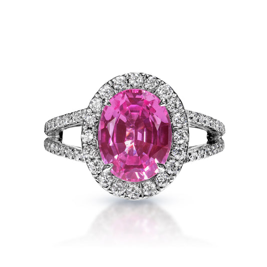 4 Carat Oval Cut Pink Sapphire Ring Front