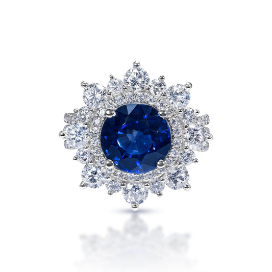 7 Carats Round Brilliant Blue Sapphire Ring Front