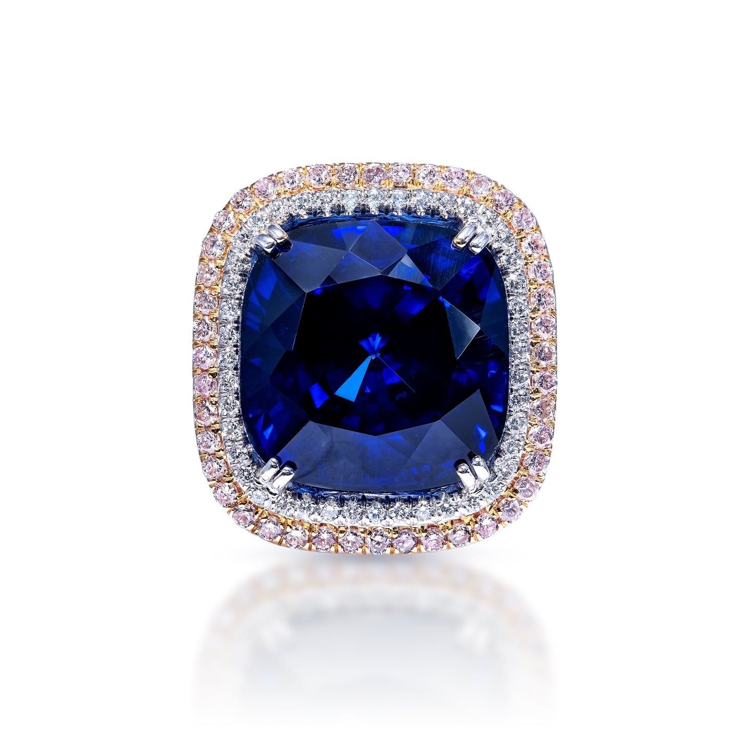 31 Carat Cushion Cut Blue Sapphire Ring with Diamond Double Halo Front