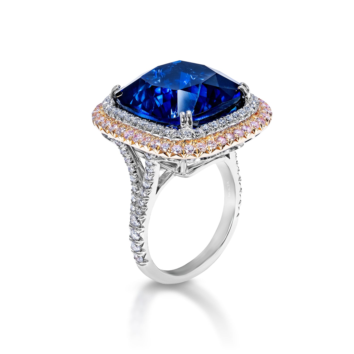 31 Carat Cushion Cut Blue Sapphire Ring with Diamond Double Halo Side