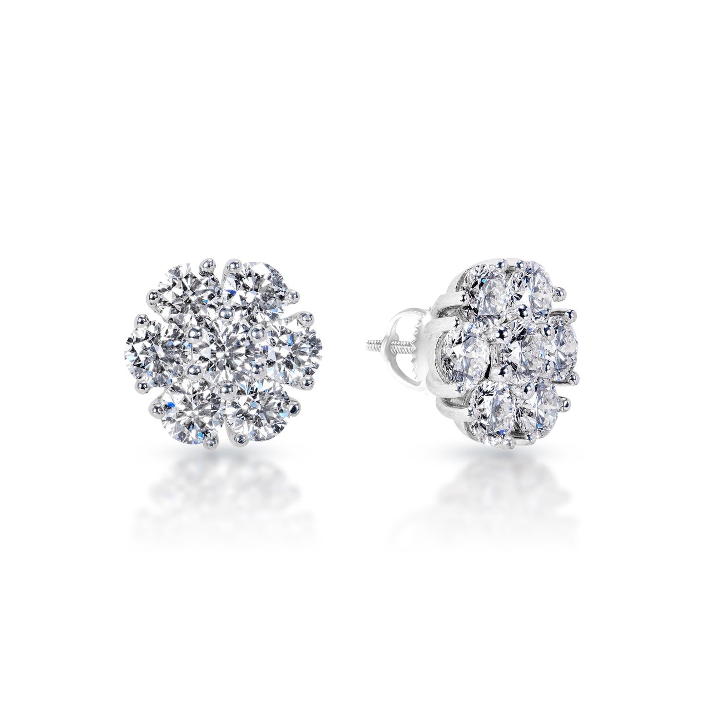 4 Carats Round Brilliant Lab Grown Seven Stone Cluster Diamond Stud Earrings Front and Side